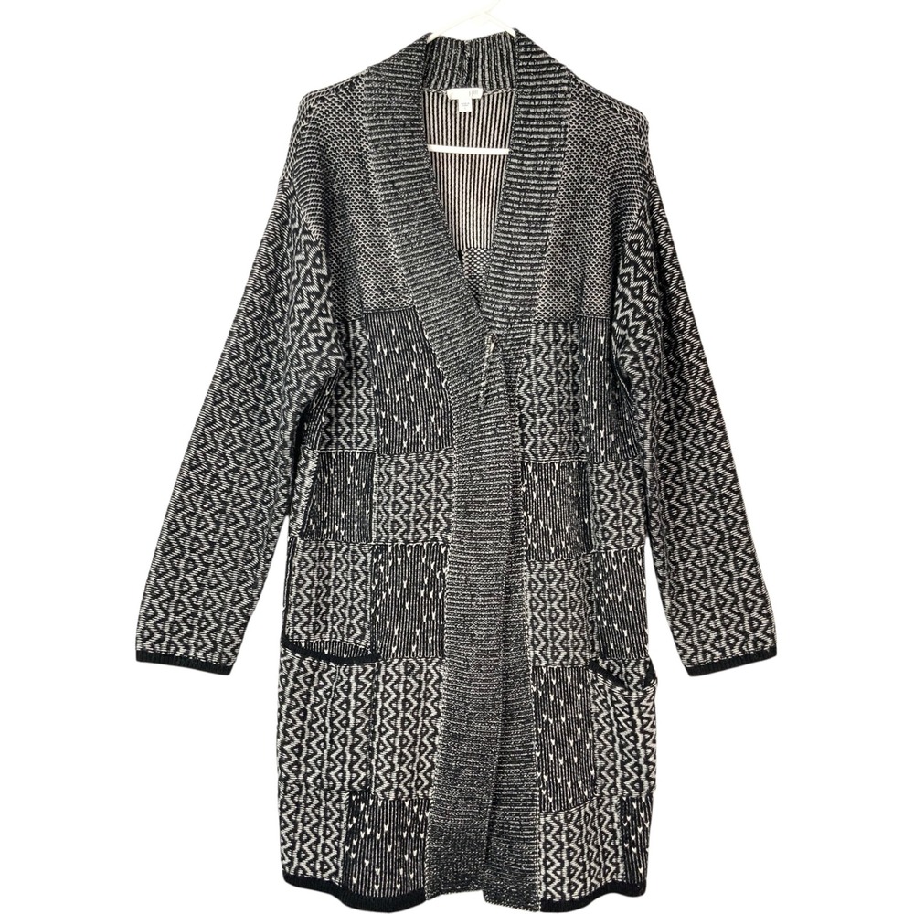 J. Jill Black White Patchwork Cardigan L Open Front Shawl Long Slv Knit Pockets